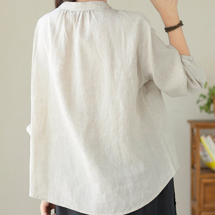 Camisa informal de lino y algodón de manga larga con cuello alto y color liso para mujer con estampado de Buddha Stones - image 17
