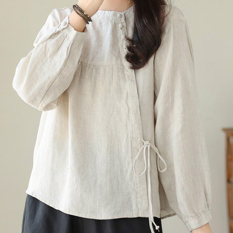 Camisa informal de lino y algodón de manga larga con cuello alto y color liso para mujer con estampado de Buddha Stones - image 20