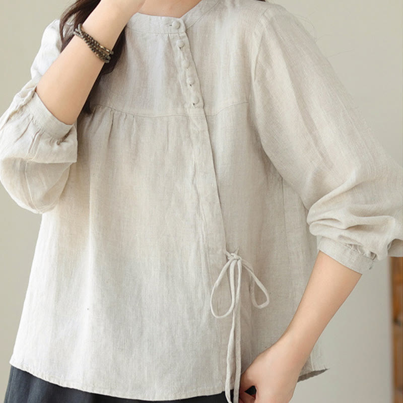 Camisa informal de lino y algodón de manga larga con cuello alto y color liso para mujer con estampado de Buddha Stones - image 16