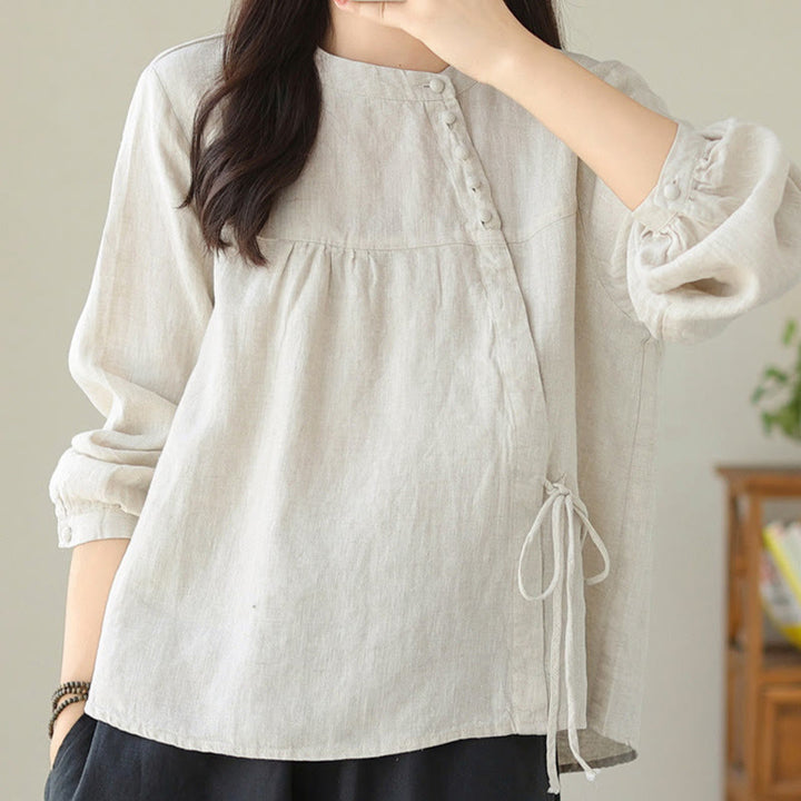 Camisa informal de lino y algodón de manga larga con cuello alto y color liso para mujer con estampado de Buddha Stones - image 19