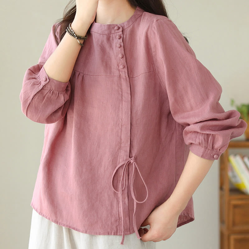 Camisa informal de lino y algodón de manga larga con cuello alto y color liso para mujer con estampado de Buddha Stones - image 27