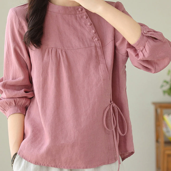 Camisa informal de lino y algodón de manga larga con cuello alto y color liso para mujer con estampado de Buddha Stones - image 28