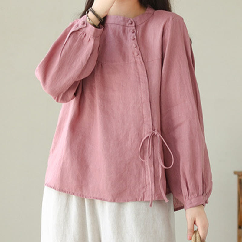 Camisa informal de lino y algodón de manga larga con cuello alto y color liso para mujer con estampado de Buddha Stones - image 26