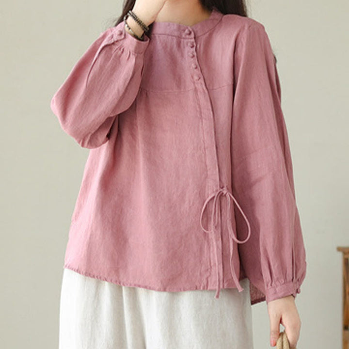 Camisa informal de lino y algodón de manga larga con cuello alto y color liso para mujer con estampado de Buddha Stones - image 26