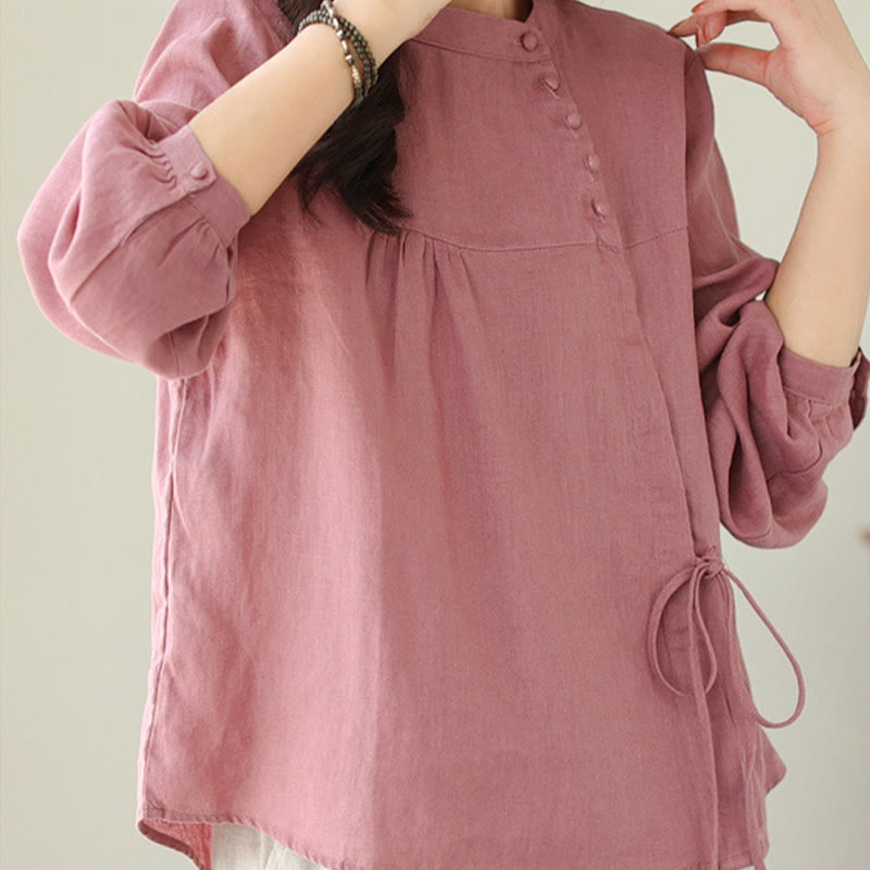 Camisa informal de lino y algodón de manga larga con cuello alto y color liso para mujer con estampado de Buddha Stones - image 25