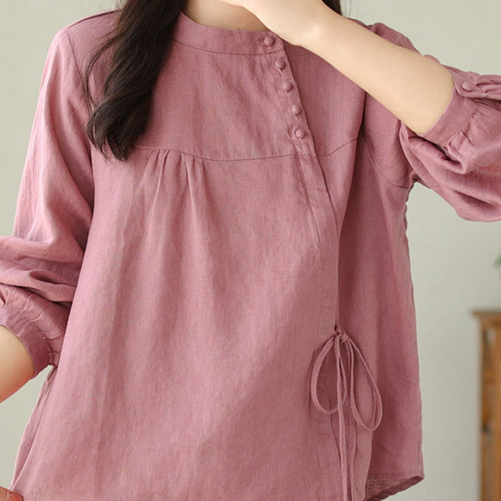Camisa informal de lino y algodón de manga larga con cuello alto y color liso para mujer con estampado de Buddha Stones - Coral claro - US8-10，UK/AU12-14，EU40-42 (2XL) - image 22