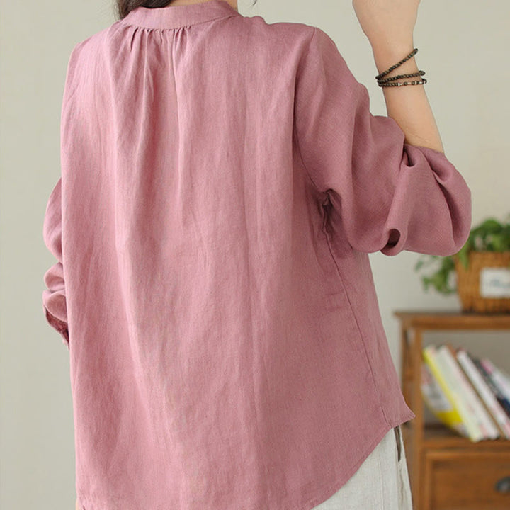 Camisa informal de lino y algodón de manga larga con cuello alto y color liso para mujer con estampado de Buddha Stones - image 24
