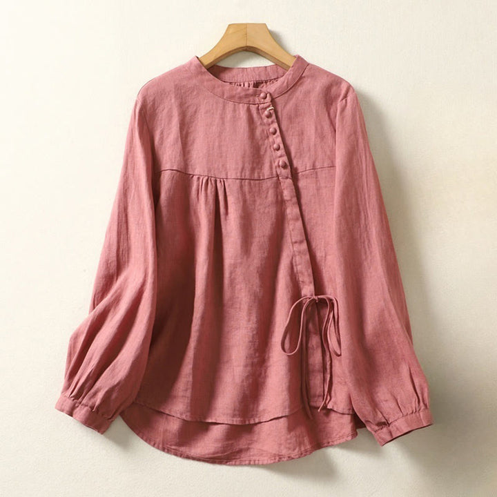 Camisa informal de lino y algodón de manga larga con cuello alto y color liso para mujer con estampado de Buddha Stones - image 23