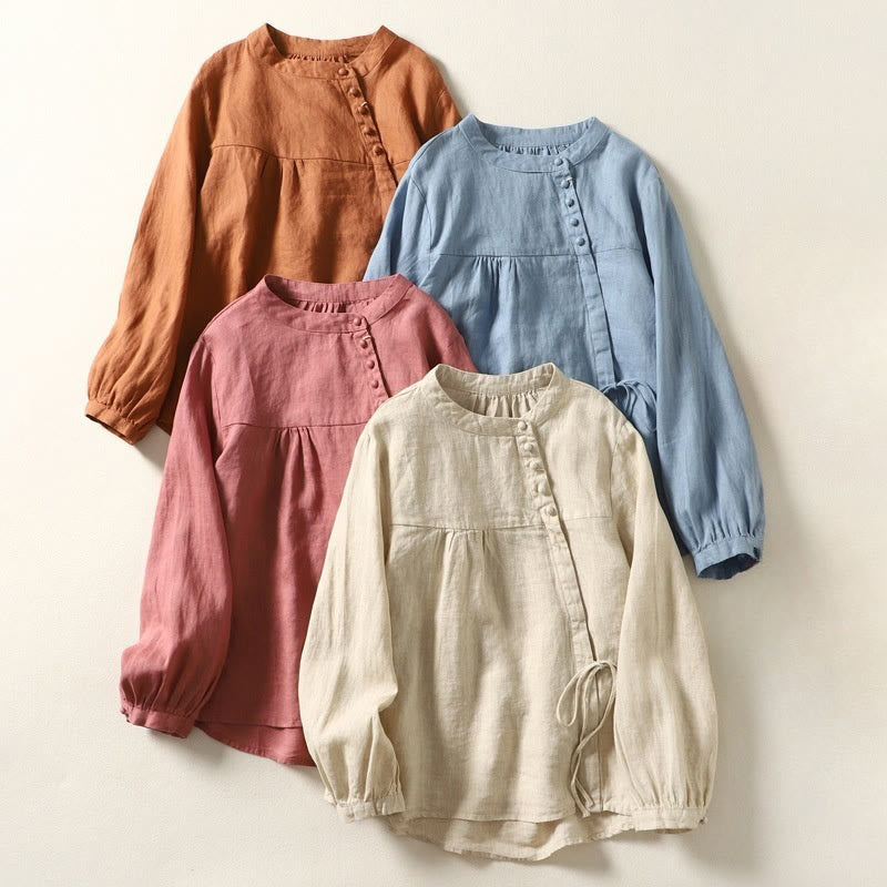 Camisa informal de lino y algodón de manga larga con cuello alto y color liso para mujer con estampado de Buddha Stones - image 29