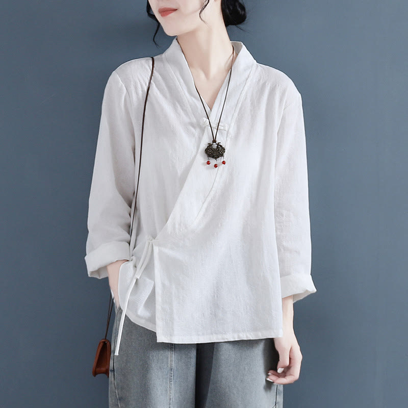 Camisa informal de lino y algodón zen de manga larga con botones de rana en color liso y Buddha Stones para mujer - Blanco - US8-10，UK/AU12-14，EU40-42 (2XL) - image 0