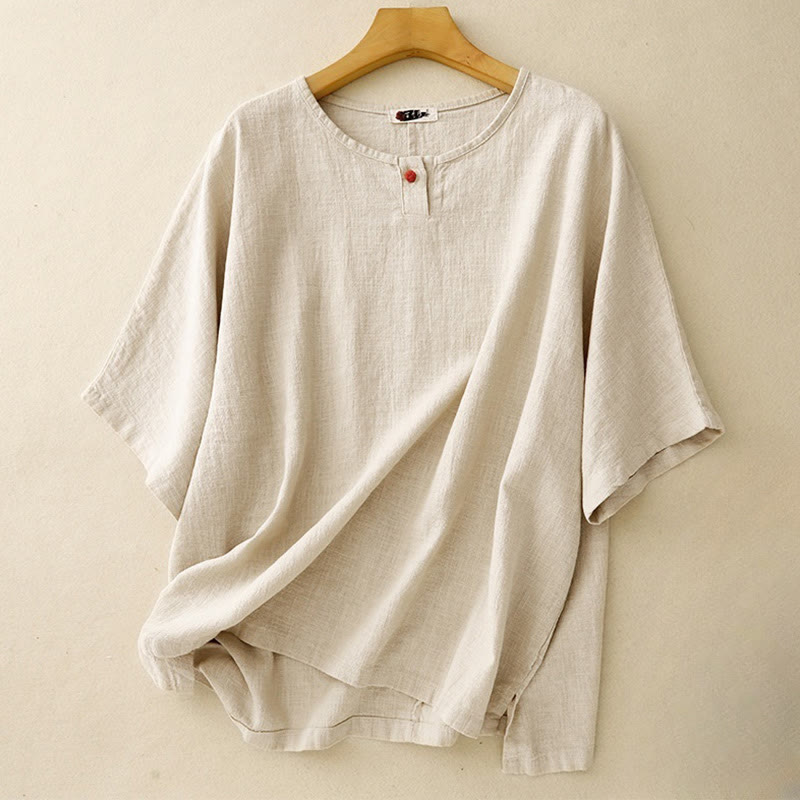Camiseta informal de lino y algodón con cuello redondo y manga corta para mujer, con estampado de Buddha Stones - Lino - US12, UK/AU16, EU44 (2XL) - image 0