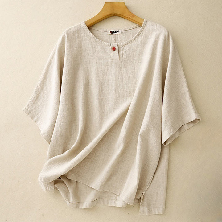 Camiseta informal de lino y algodón con cuello redondo y manga corta para mujer, con estampado de Buddha Stones - Lino - US12, UK/AU16, EU44 (2XL) - image 0
