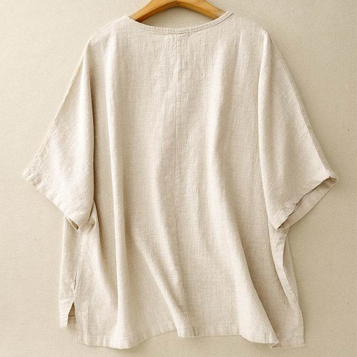 Camiseta informal de lino y algodón con cuello redondo y manga corta para mujer, con estampado de Buddha Stones - image 1