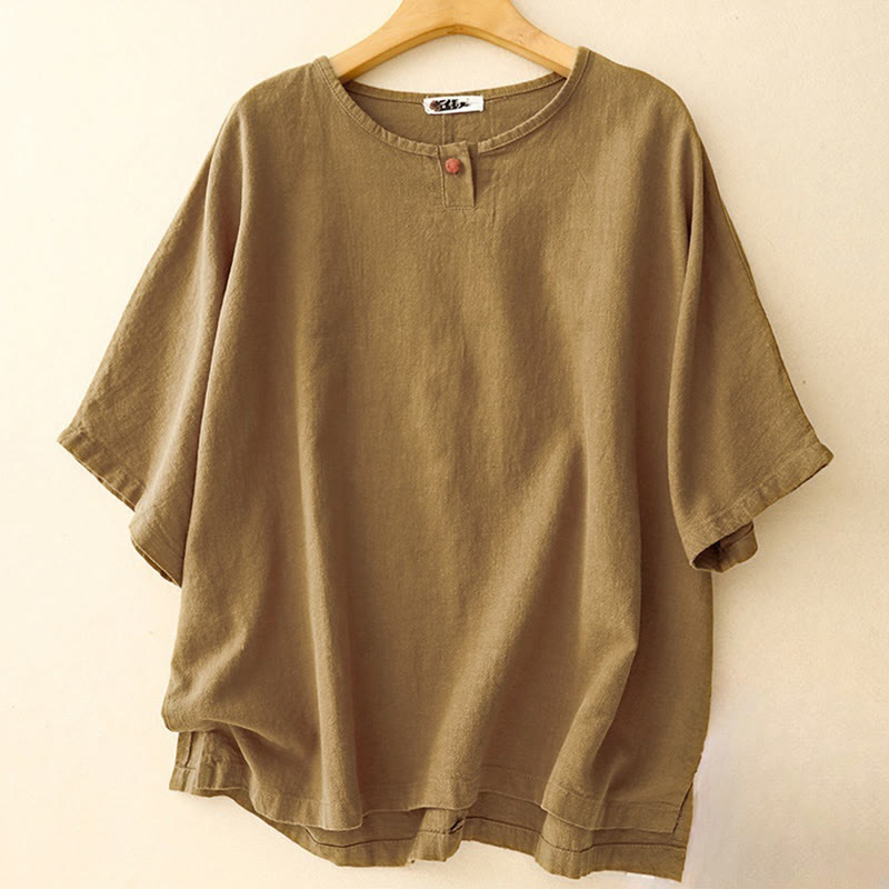 Camiseta informal de lino y algodón con cuello redondo y manga corta para mujer, con estampado de Buddha Stones - Vara de oro oscura - US12, UK/AU16, EU44 (2XL) - image 13