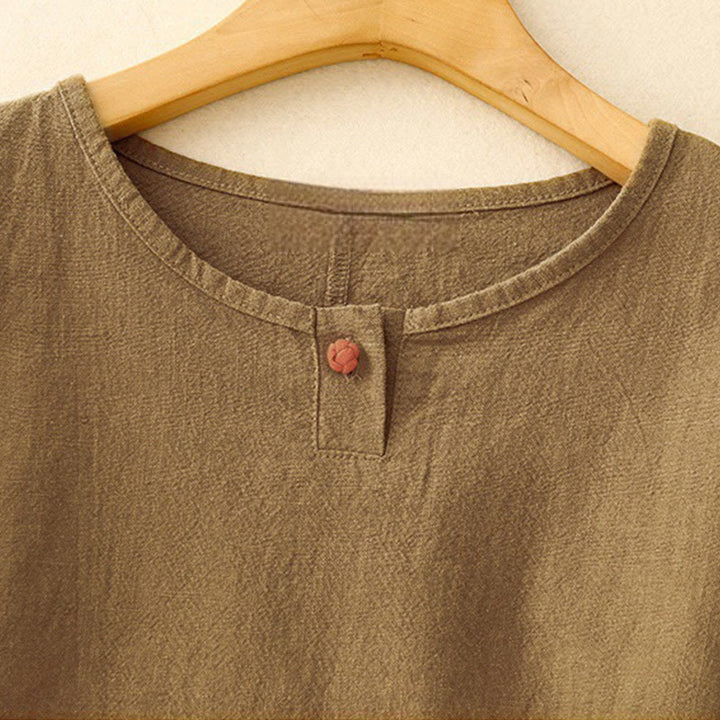 Camiseta informal de lino y algodón con cuello redondo y manga corta para mujer, con estampado de Buddha Stones