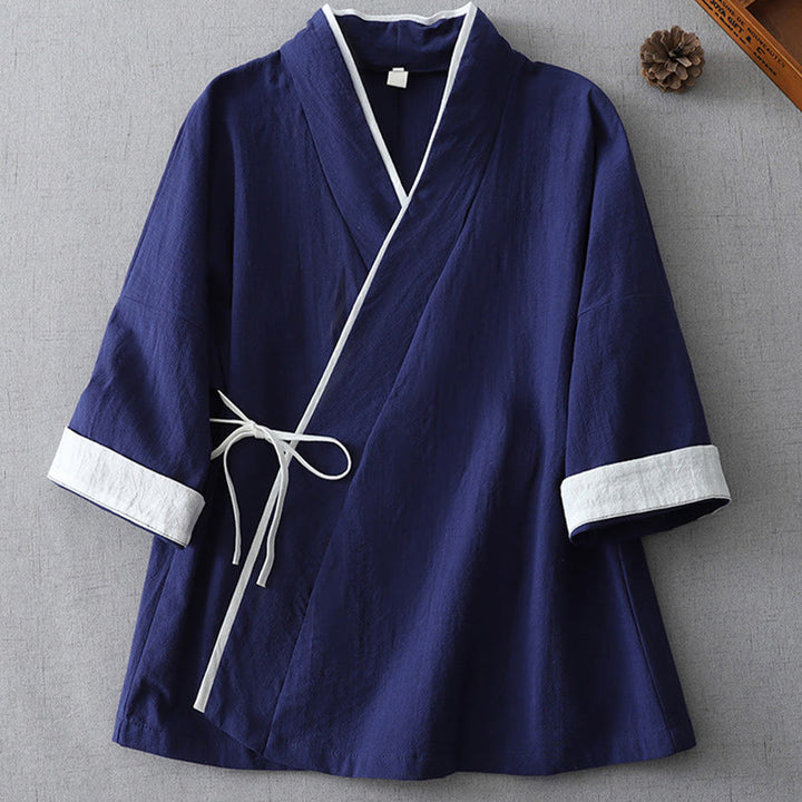 Camisa de lino y algodón zen para mujer, informal, con cuello en V, manga tres cuartos y costuras de colores, con Buddha Stones