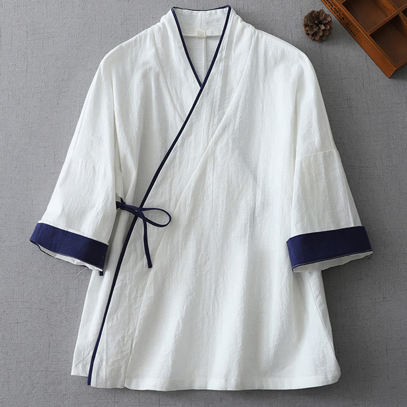 Camisa de lino y algodón zen para mujer, informal, con cuello en V, manga tres cuartos y costuras de colores, con Buddha Stones