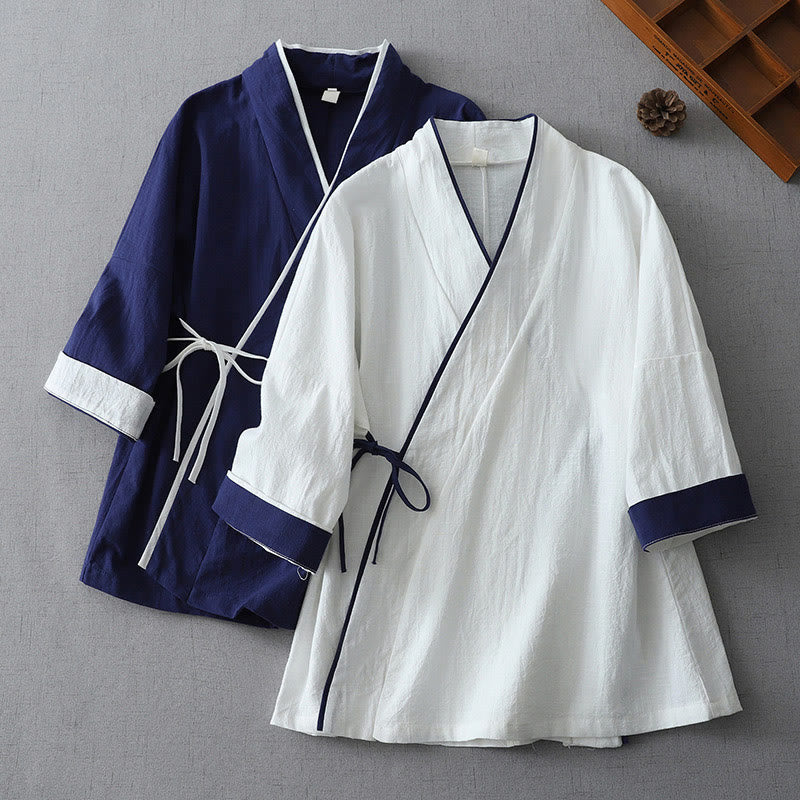 Camisa de lino y algodón zen para mujer, informal, con cuello en V, manga tres cuartos y costuras de colores, con Buddha Stones