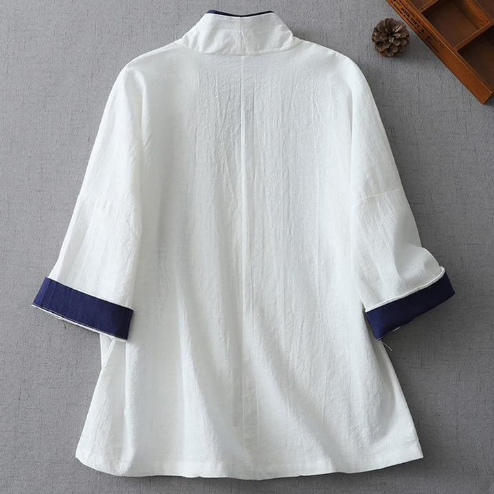 Camisa de lino y algodón zen para mujer, informal, con cuello en V, manga tres cuartos y costuras de colores, con Buddha Stones
