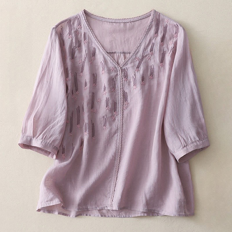 Camisa informal de lino y algodón para mujer con cuello en V, media manga y bordado de estrellas fugaces de Buddha Stones - Ciruela - US8-10，UK/AU12-14，EU40-42 (2XL) - image 0