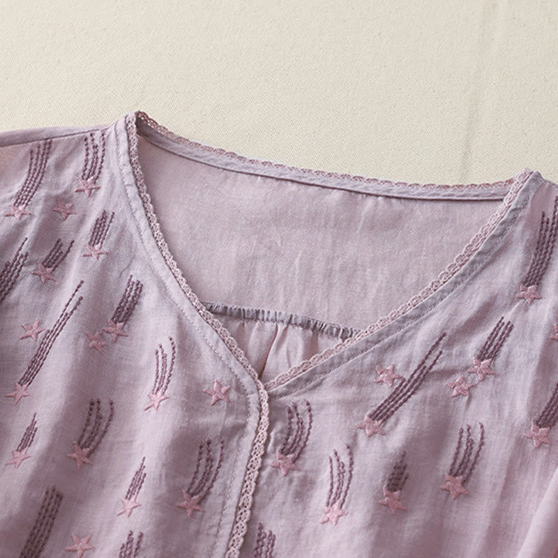 Camisa informal de lino y algodón para mujer con cuello en V, media manga y bordado de estrellas fugaces de Buddha Stones
