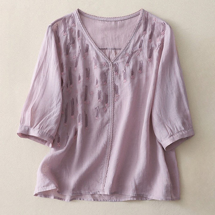 Camisa informal de lino y algodón para mujer con cuello en V, media manga y bordado de estrellas fugaces de Buddha Stones