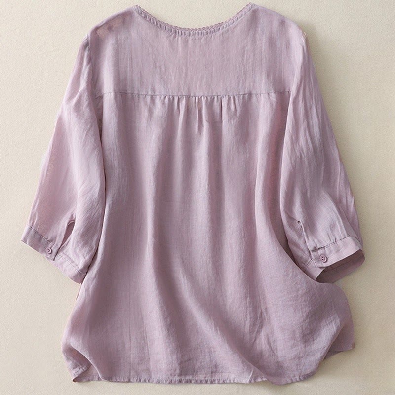 Camisa informal de lino y algodón para mujer con cuello en V, media manga y bordado de estrellas fugaces de Buddha Stones