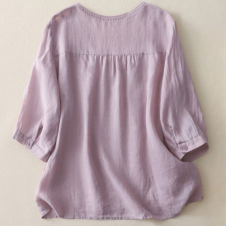 Camisa informal de lino y algodón para mujer con cuello en V, media manga y bordado de estrellas fugaces de Buddha Stones