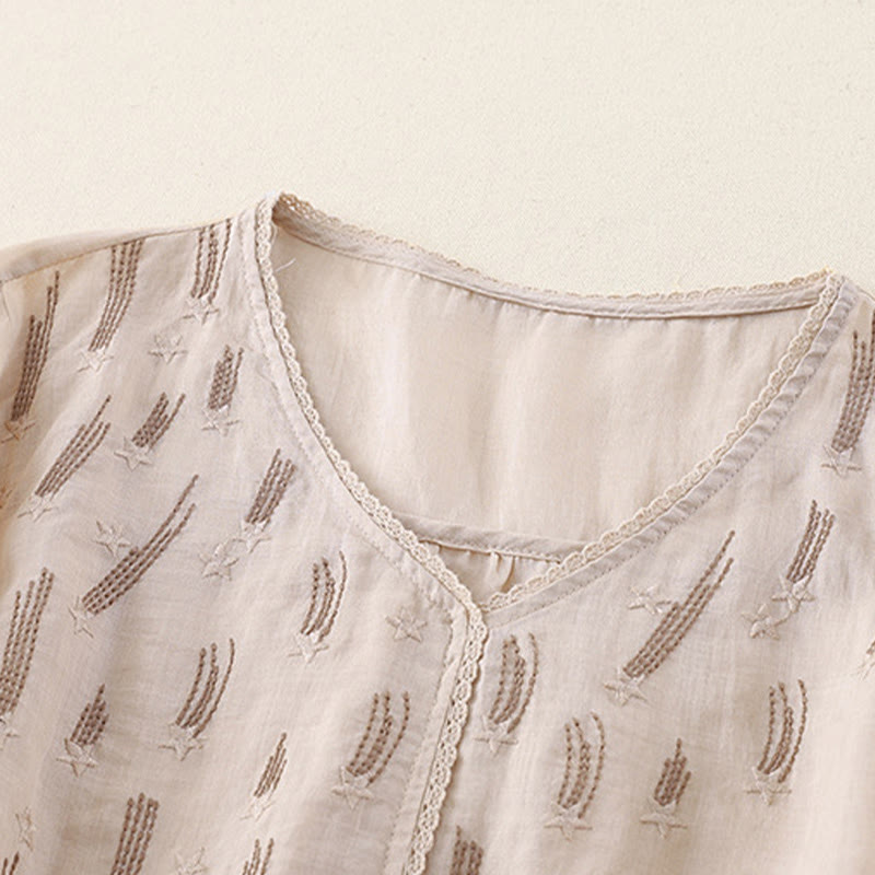 Camisa informal de lino y algodón para mujer con cuello en V, media manga y bordado de estrellas fugaces de Buddha Stones