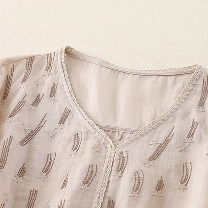 Camisa informal de lino y algodón para mujer con cuello en V, media manga y bordado de estrellas fugaces de Buddha Stones