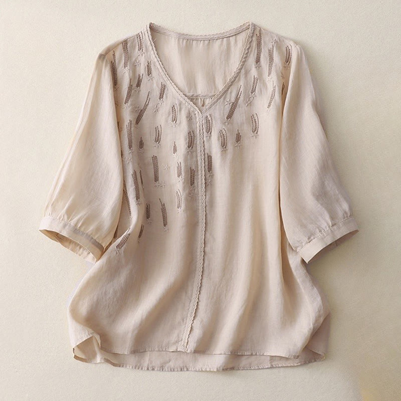 Camisa informal de lino y algodón para mujer con cuello en V, media manga y bordado de estrellas fugaces de Buddha Stones