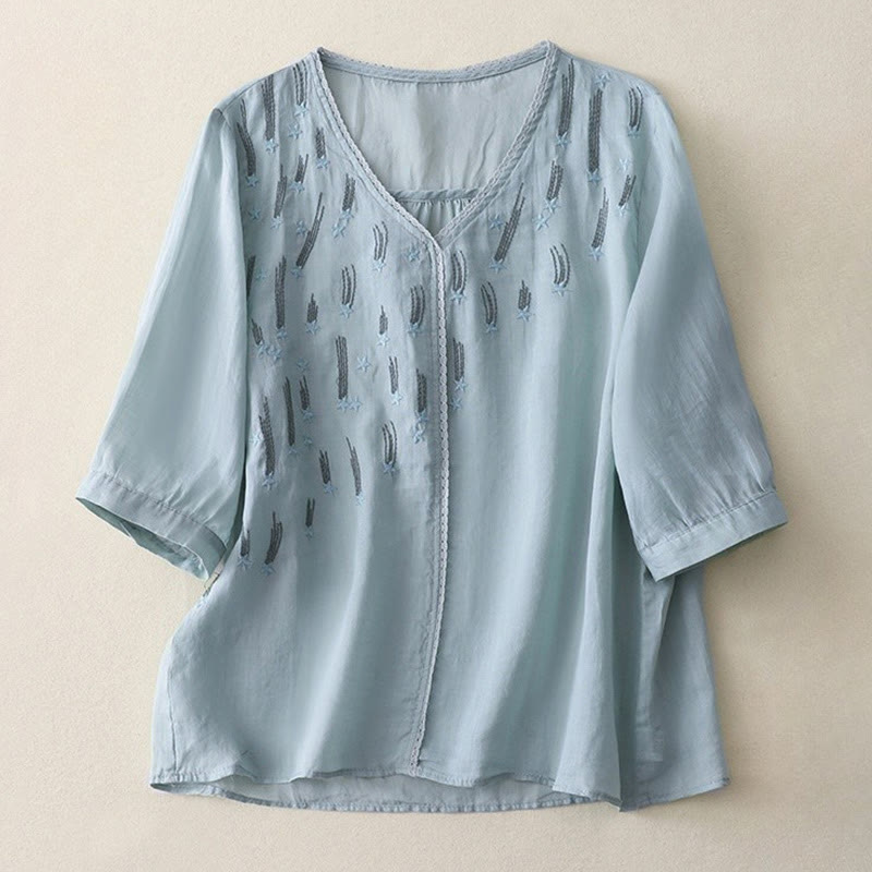 Camisa informal de lino y algodón para mujer con cuello en V, media manga y bordado de estrellas fugaces de Buddha Stones