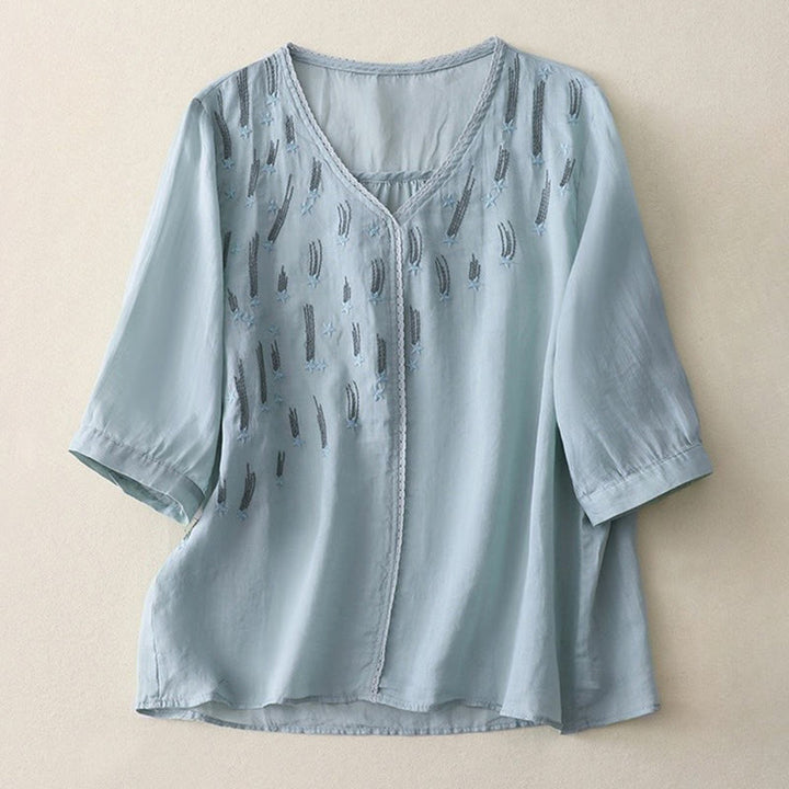 Camisa informal de lino y algodón para mujer con cuello en V, media manga y bordado de estrellas fugaces de Buddha Stones