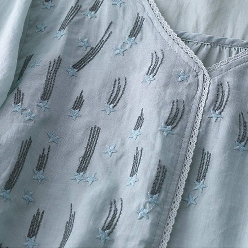 Camisa informal de lino y algodón para mujer con cuello en V, media manga y bordado de estrellas fugaces de Buddha Stones