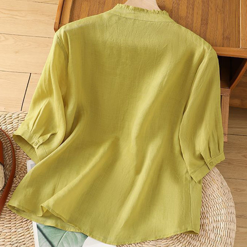 Camisa informal de algodón con flores bordadas y botones de Buddha Stones para mujer, manga tres cuartos - image 1