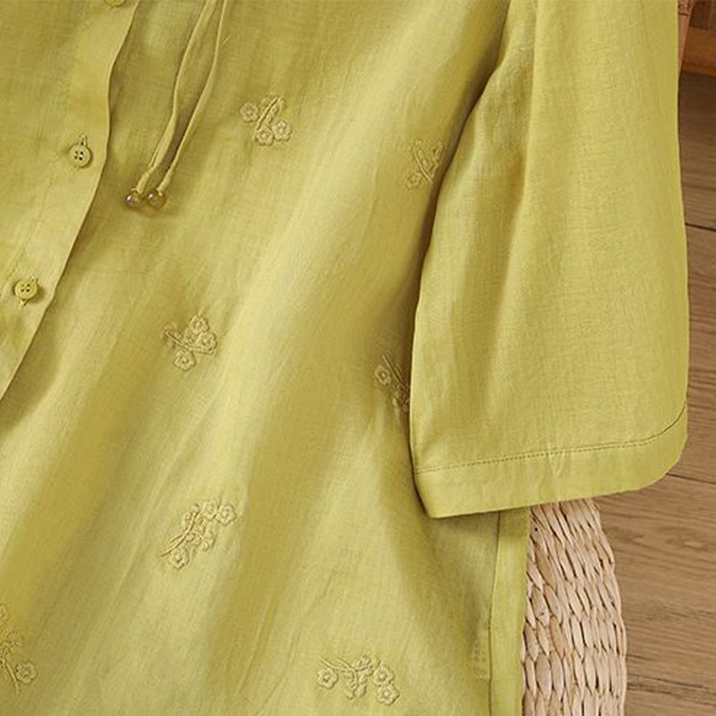 Camisa informal de algodón con flores bordadas y botones de Buddha Stones para mujer, manga tres cuartos - image 5