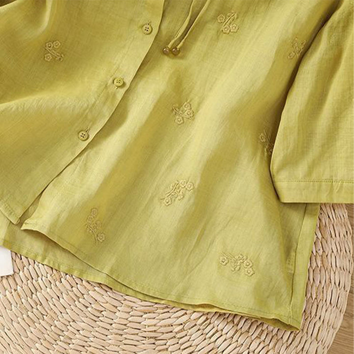 Camisa informal de algodón con flores bordadas y botones de Buddha Stones para mujer, manga tres cuartos - image 8