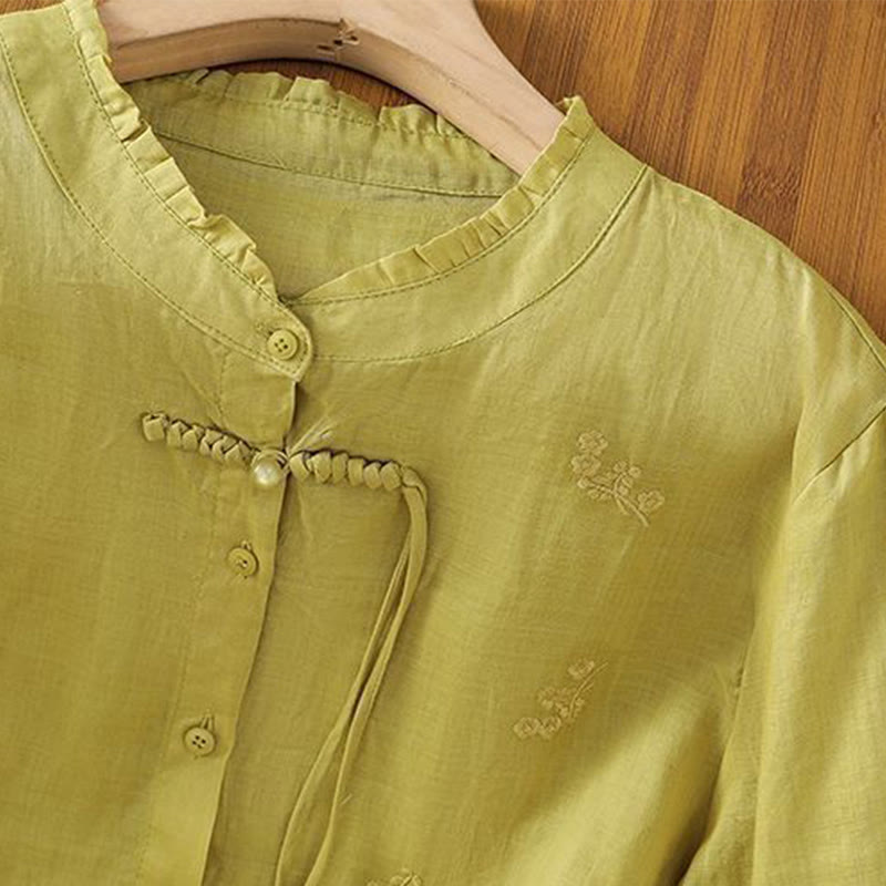 Camisa informal de algodón con flores bordadas y botones de Buddha Stones para mujer, manga tres cuartos - image 3