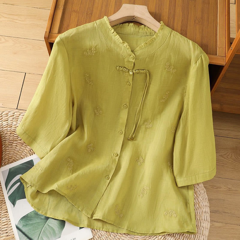 Camisa informal de algodón con flores bordadas y botones de Buddha Stones para mujer, manga tres cuartos - Caqui - US12, UK/AU16, EU44 (3XL) - image 0