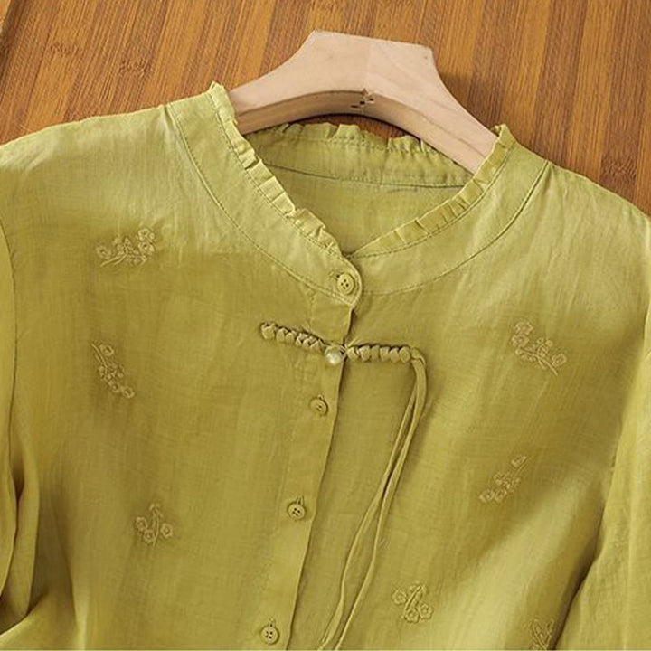 Camisa informal de algodón con flores bordadas y botones de Buddha Stones para mujer, manga tres cuartos - image 2