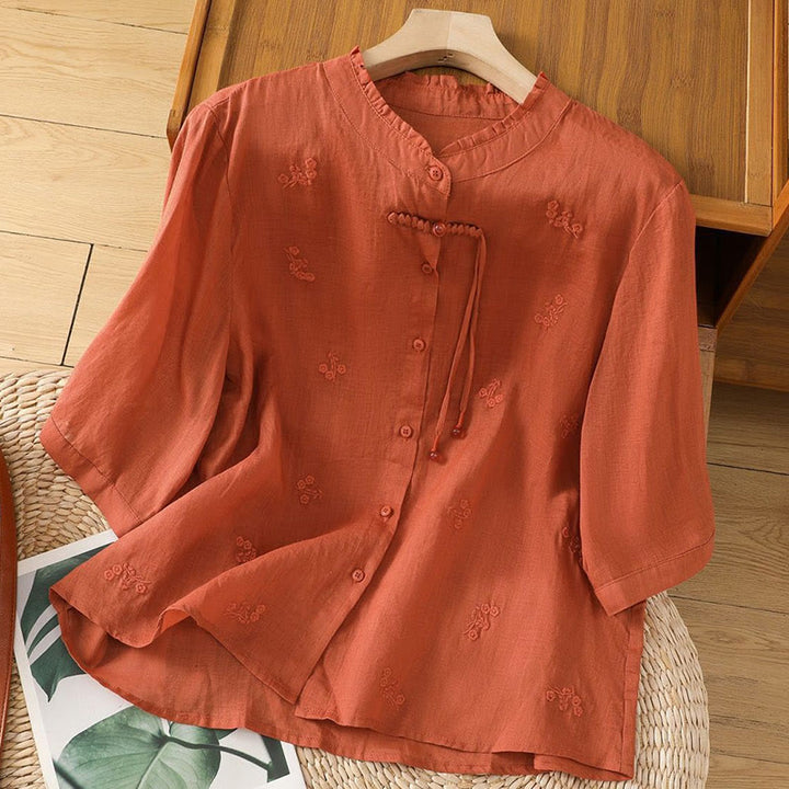 Camisa informal de algodón con flores bordadas y botones de Buddha Stones para mujer, manga tres cuartos - Chocolate - US12, UK/AU16, EU44 (3XL) - image 13