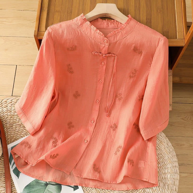 Camisa informal de algodón con flores bordadas y botones de Buddha Stones para mujer, manga tres cuartos - Coral - US12, UK/AU16, EU44 (3XL) - image 9