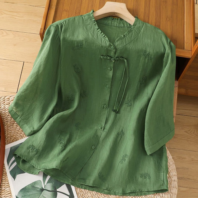 Camisa informal de algodón con flores bordadas y botones de Buddha Stones para mujer, manga tres cuartos - Verdemar - US12, UK/AU16, EU44 (3XL) - image 11