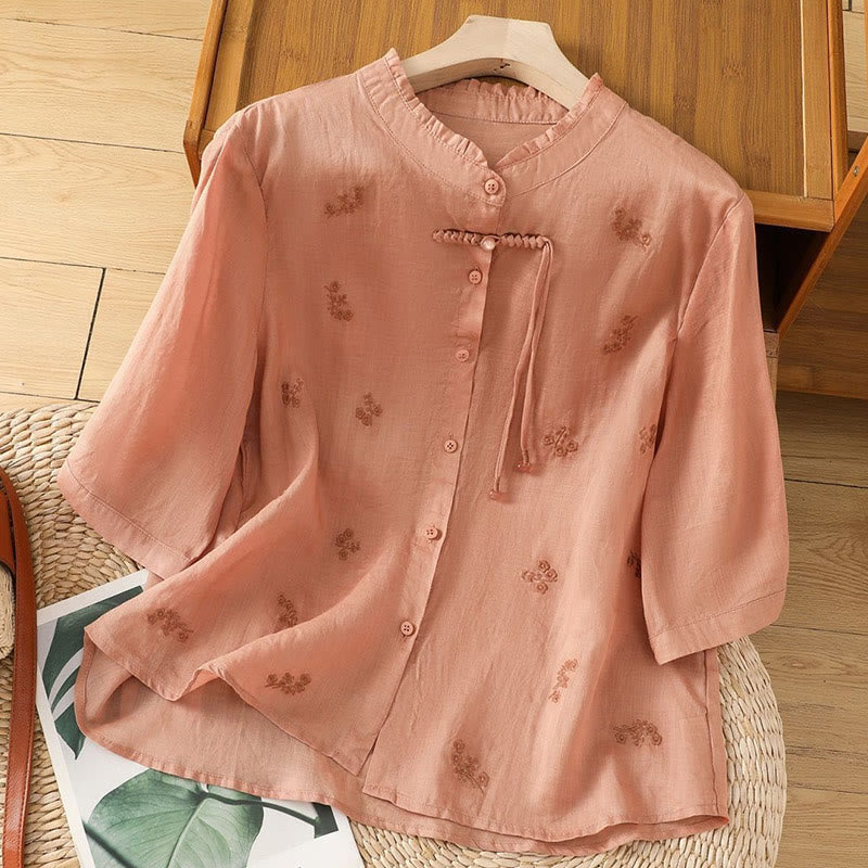 Camisa informal de algodón con flores bordadas y botones de Buddha Stones para mujer, manga tres cuartos - Salmón claro - US12, UK/AU16, EU44 (3XL) - image 10