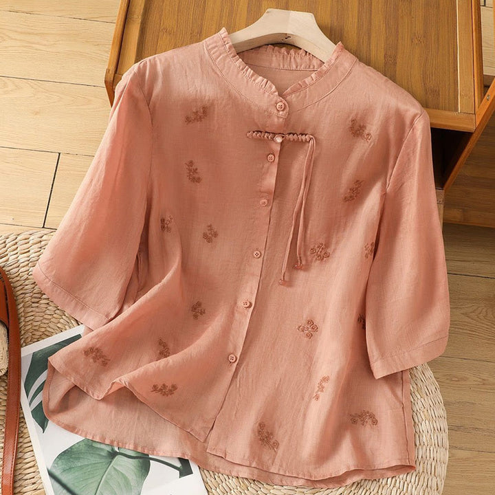 Camisa informal de algodón con flores bordadas y botones de Buddha Stones para mujer, manga tres cuartos - Salmón claro - US12, UK/AU16, EU44 (3XL) - image 10