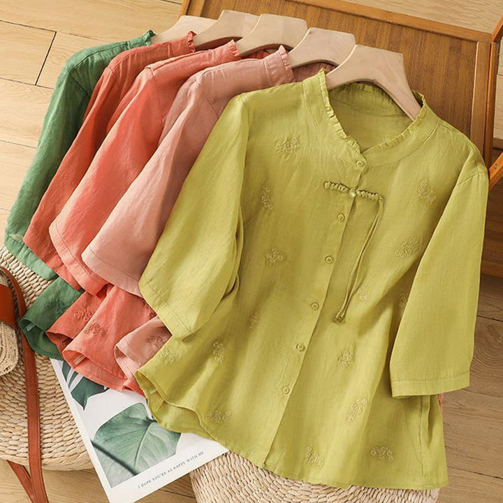 Camisa informal de algodón con flores bordadas y botones de Buddha Stones para mujer, manga tres cuartos - image 15