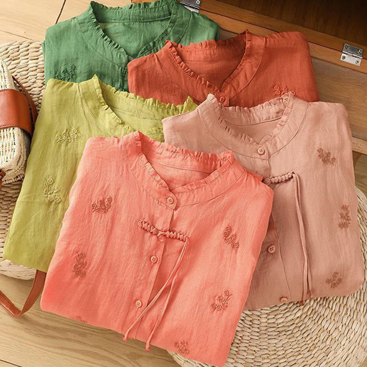 Camisa informal de algodón con flores bordadas y botones de Buddha Stones para mujer, manga tres cuartos - image 14