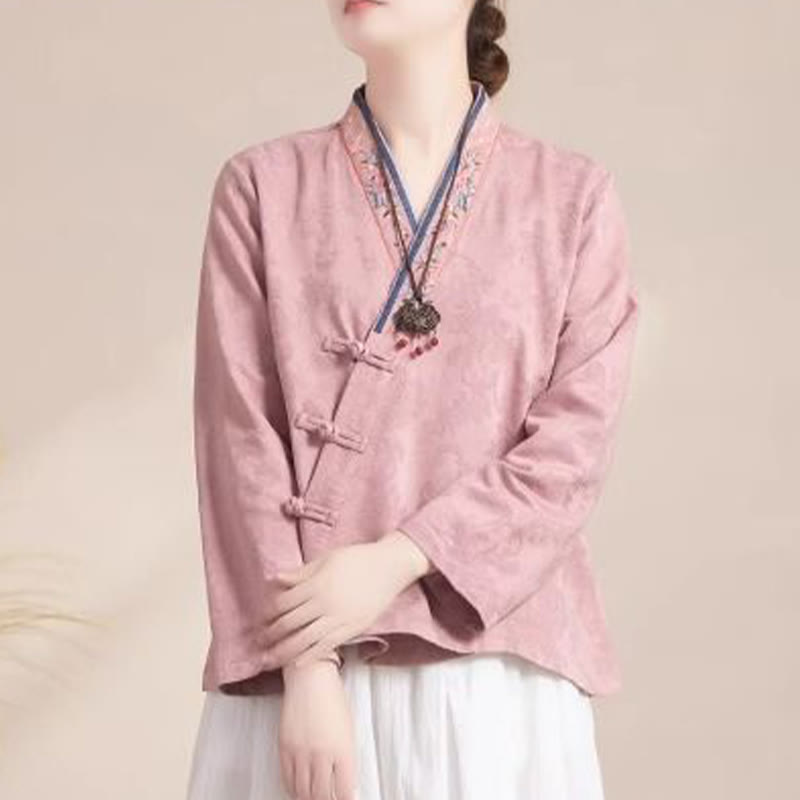 Camisa de algodón de manga larga para mujer con bordado de flores y ranas de hierba y Buddha Stones - Rosa - US8-10, UK/AU12-14, EU40-42 (3XL) - image 0