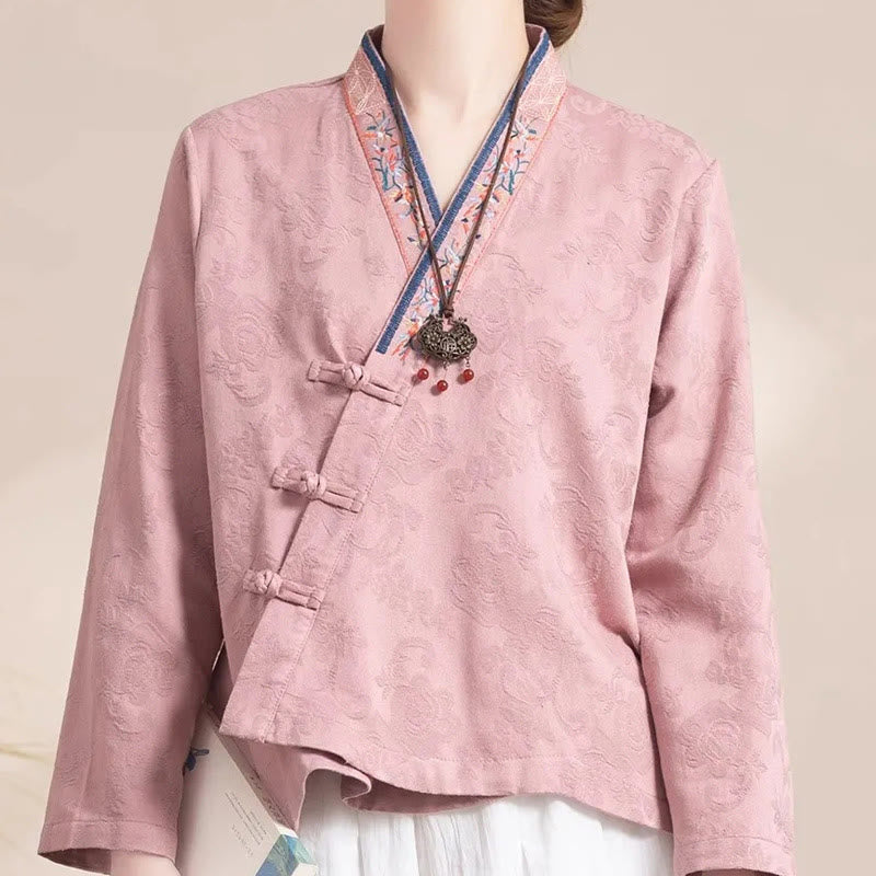 Camisa de algodón de manga larga para mujer con bordado de flores y ranas de hierba y Buddha Stones - image 3