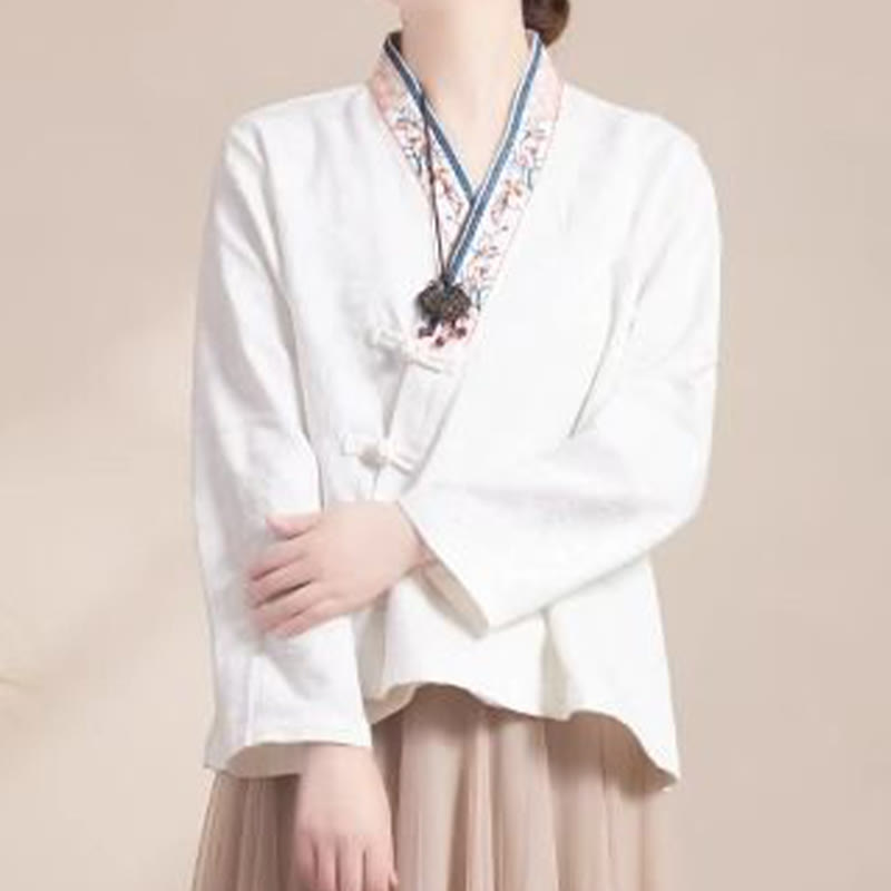 Camisa de algodón de manga larga para mujer con bordado de flores y ranas de hierba y Buddha Stones - Blanco - US12, UK/AU16, EU44 (3XL) - image 13